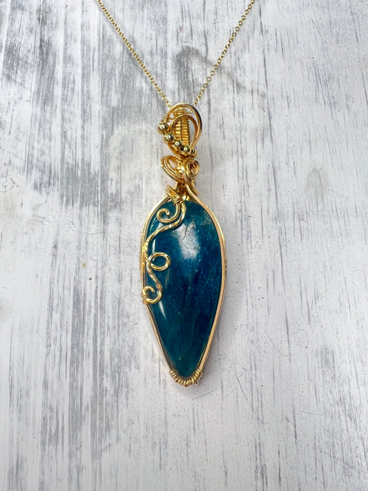 Blue Apatite Statement Pendant โ 14k Gold-Filled Swirly Design with Bead Accents for Clarity & Motivation