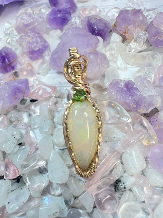 Multi-Color Ethiopian Opal Pendant โ 14k Gold-Filled Luxurious Wire Wrap for Creativity & Transformation