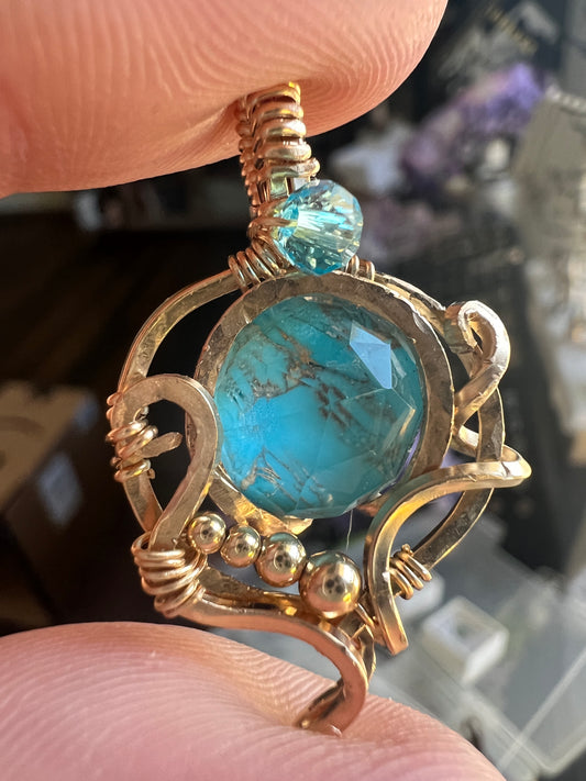 Copper Turquoise Pendant – 14k Gold-Filled Hammered Frame with Blue Crystal Bead Accents for Balance & Protection