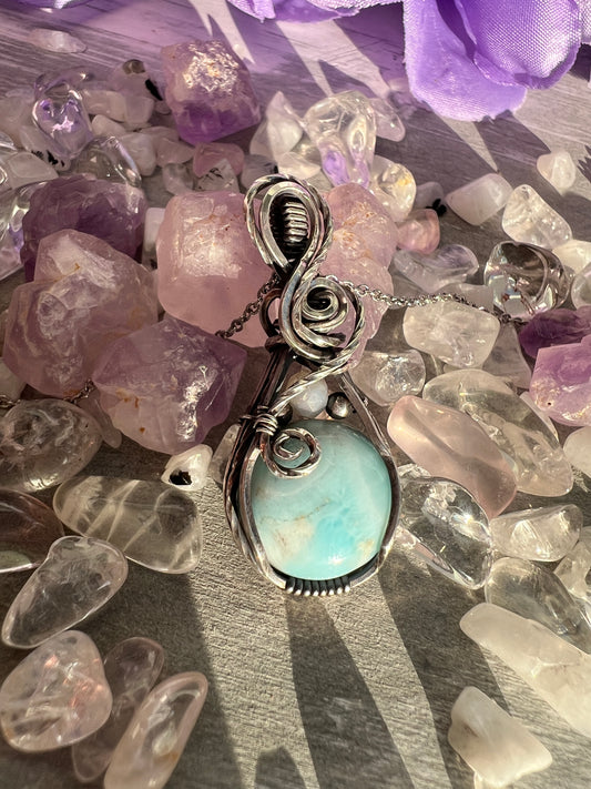 Ocean Whisper – Larimar & Sterling Silver Wire-Wrapped Pendant | Divine Feminine & Soothing Energy