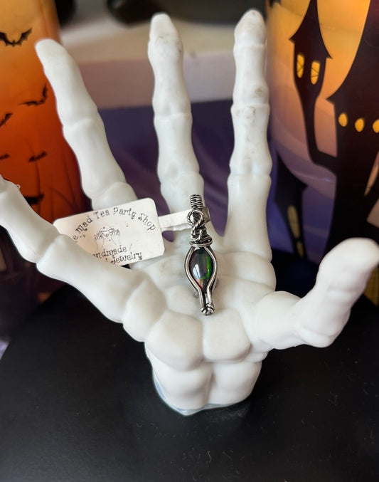 Handmade smoked opal pendant with rainbow fire wrapped in oxidized silver – potion vial witchy necklace