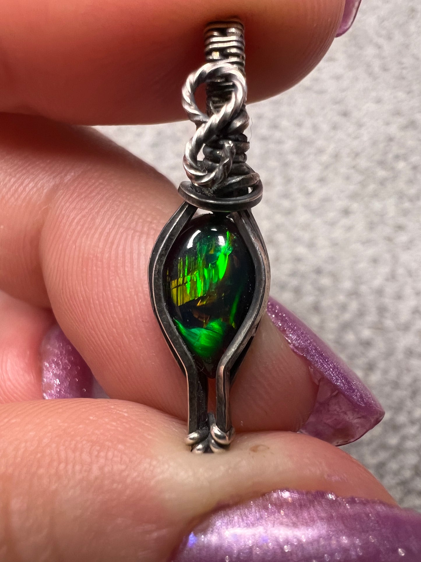 Handmade smoked opal pendant with rainbow fire wrapped in oxidized silver – potion vial witchy necklace