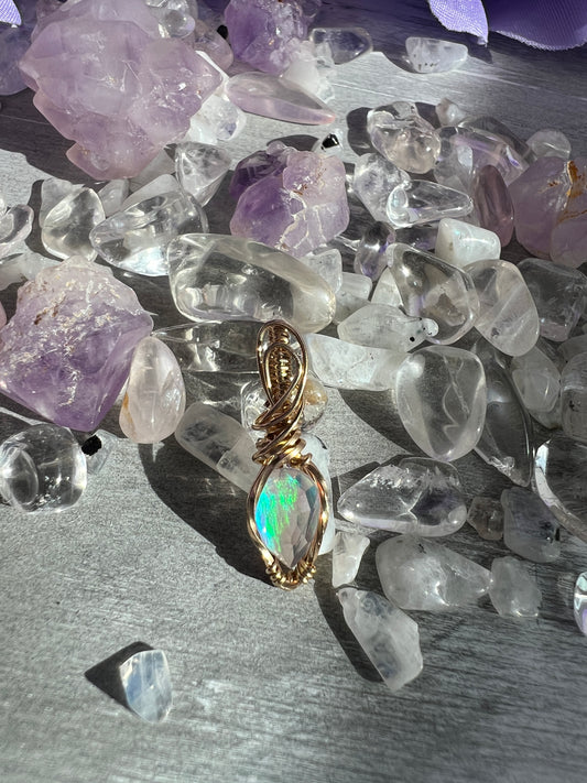 Micro Aurora Opal & Himalayan Quartz Pendant – 14k Gold-Filled Rose Cut Faceted Design for Light & Clarity