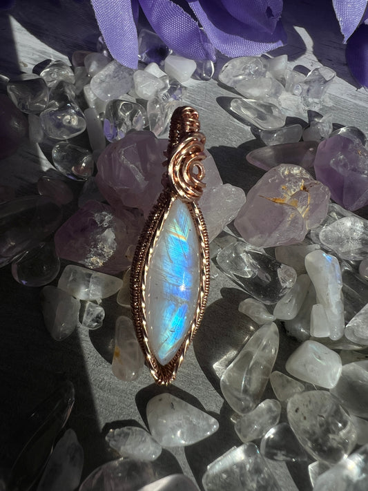 Marquis Moonstone Pendant – 14k Rose Gold-Filled Woven Frame with Twisted Wire Accents for Intuition & New Beginnings