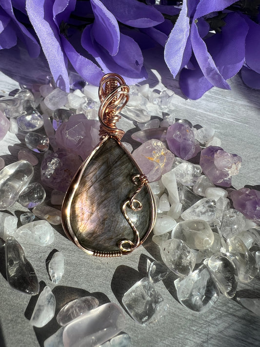 Golden Mauve Labradorite Pendant – 14k Rose Gold-Filled Swirly Design for Magic & Transformation