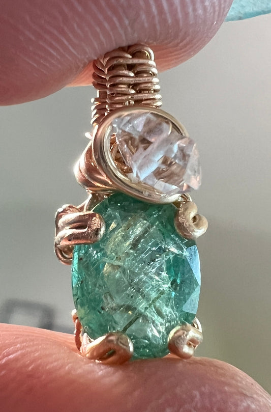 Dainty Emerald & Herkimer Diamond Pendant – 14k Gold-Filled Prong Set Design for Growth & Clarity