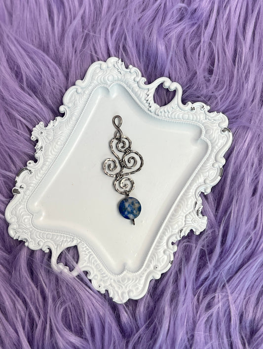 Lapis Lazuli Coin Bead Pendant – Sterling Silver Swirly Hammered Twist Design