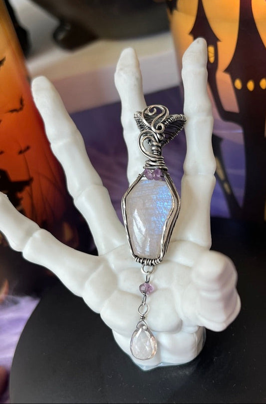 Handmade Moonstone coffin cabochon pendant wrapped in oxidized sterling silver with faceted Amethyst beads and briolette dangle – witchy potion necklace