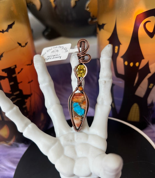 Handmade Spiny Oyster pendant with turquoise accents wrapped in copper, featuring faceted yellow CZ and orange CZ bead – witchy necklace