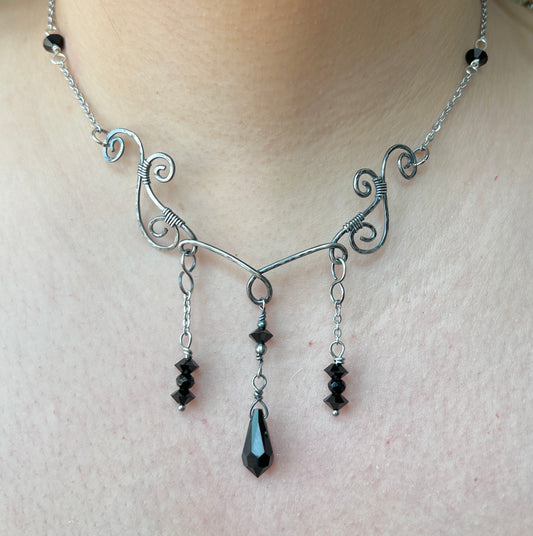 Sterling silver oxidized choker with black Swarovski crystals and gothic wirework design, perfect for witchy or celestial styles