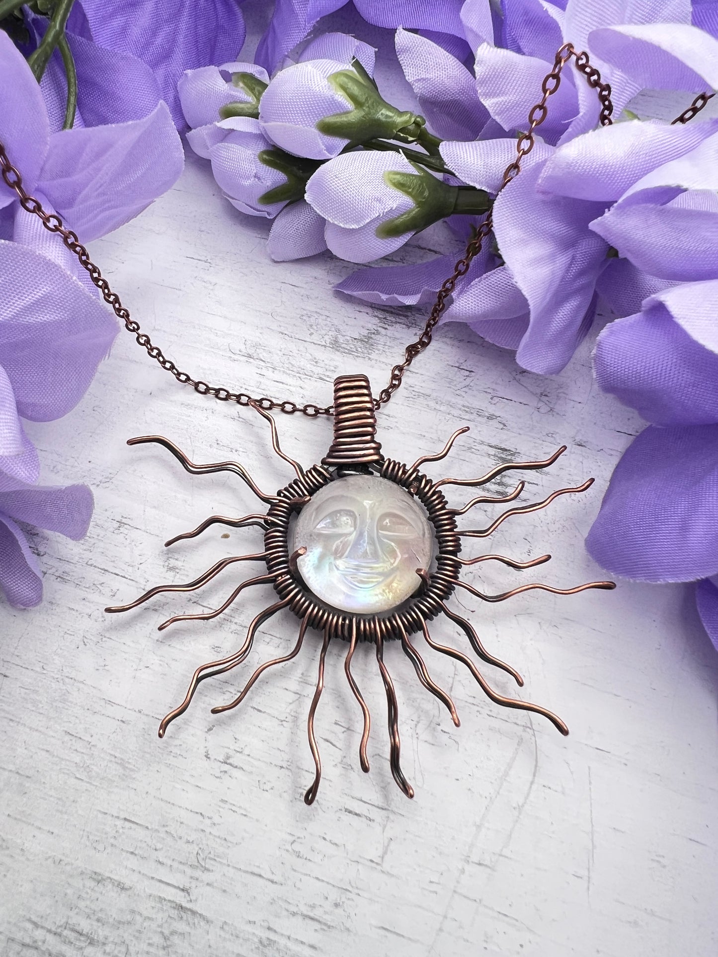 Oxidized Copper Mother Of Pearl Sun Face Pendant