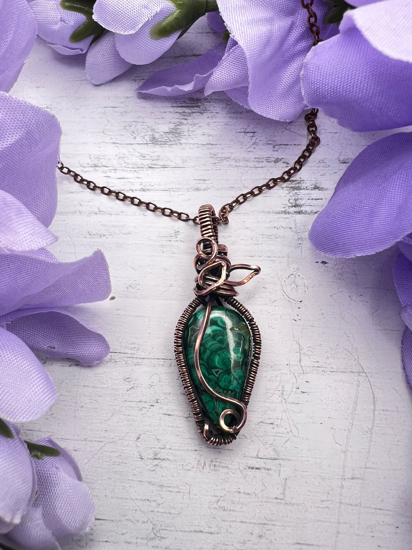 Oxidized Copper Malachite Leaf Pendant