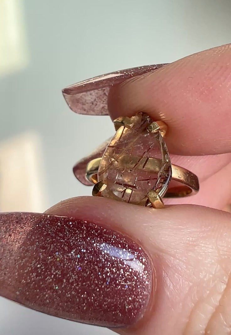 18K Gold-Plated Adjustable Red & Golden Rutilated Quartz Ring – The Threads of Passion & Power