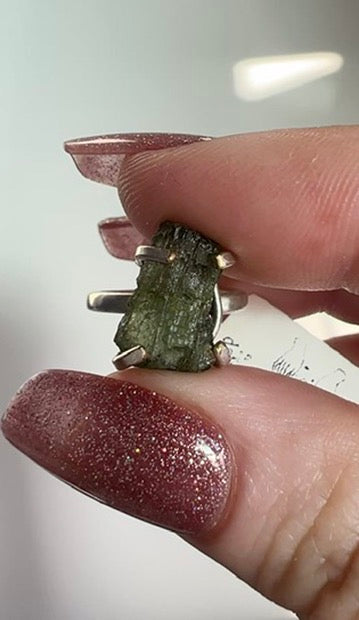 Raw Moldavite Adjustable Ring – Sterling Silver Cosmic Energy & Spiritual Awakening