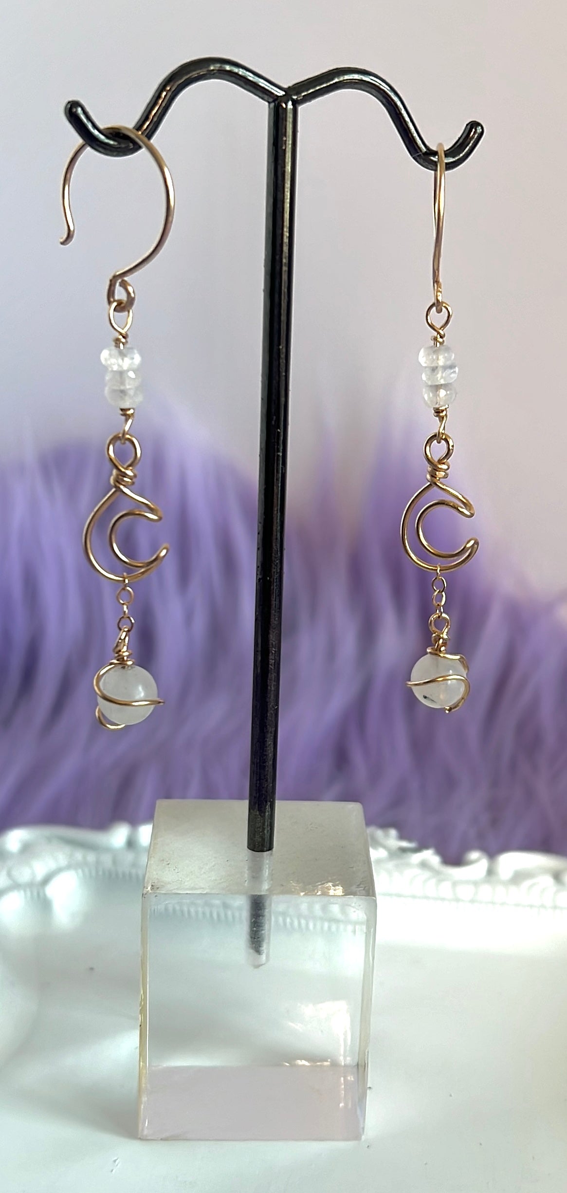 14k Gold-Filled Crescent Moon Earrings with Moonstone Faceted Beads & Moonstone Saturn