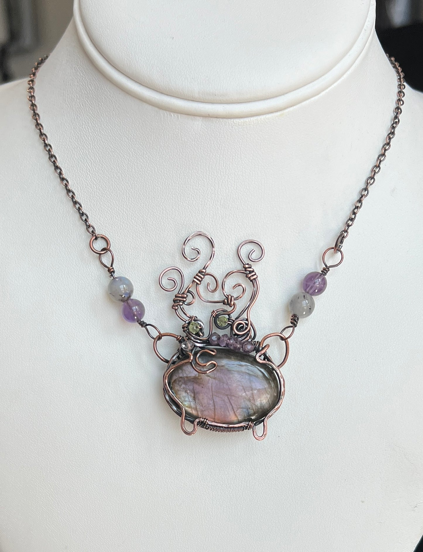 Handmade cauldron pendant with Labradorite, Amethyst, Peridot, and crescent moon accent wrapped in copper – witchy necklace
