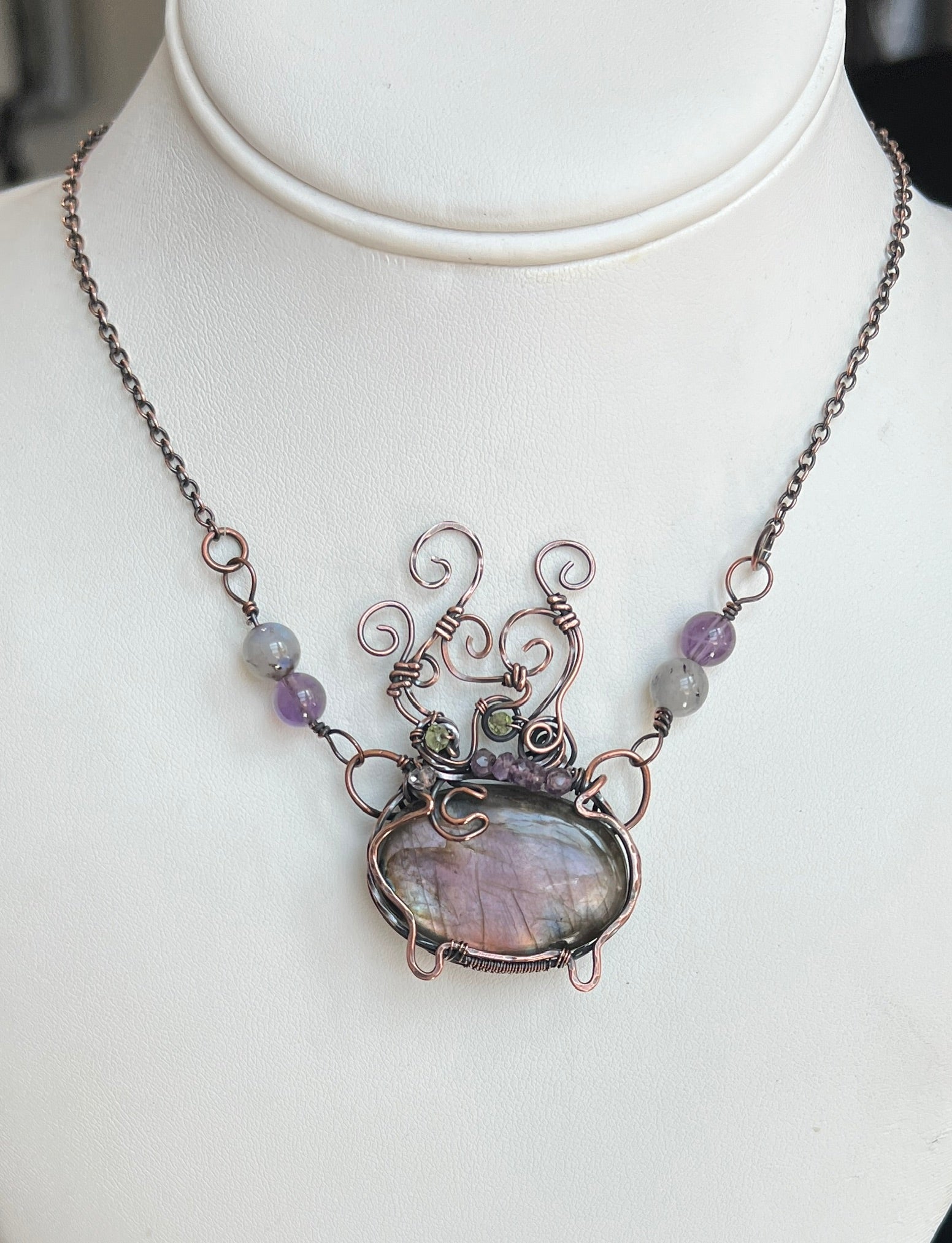 Handmade cauldron pendant with Labradorite, Amethyst, Peridot, and crescent moon accent wrapped in copper – witchy necklace
