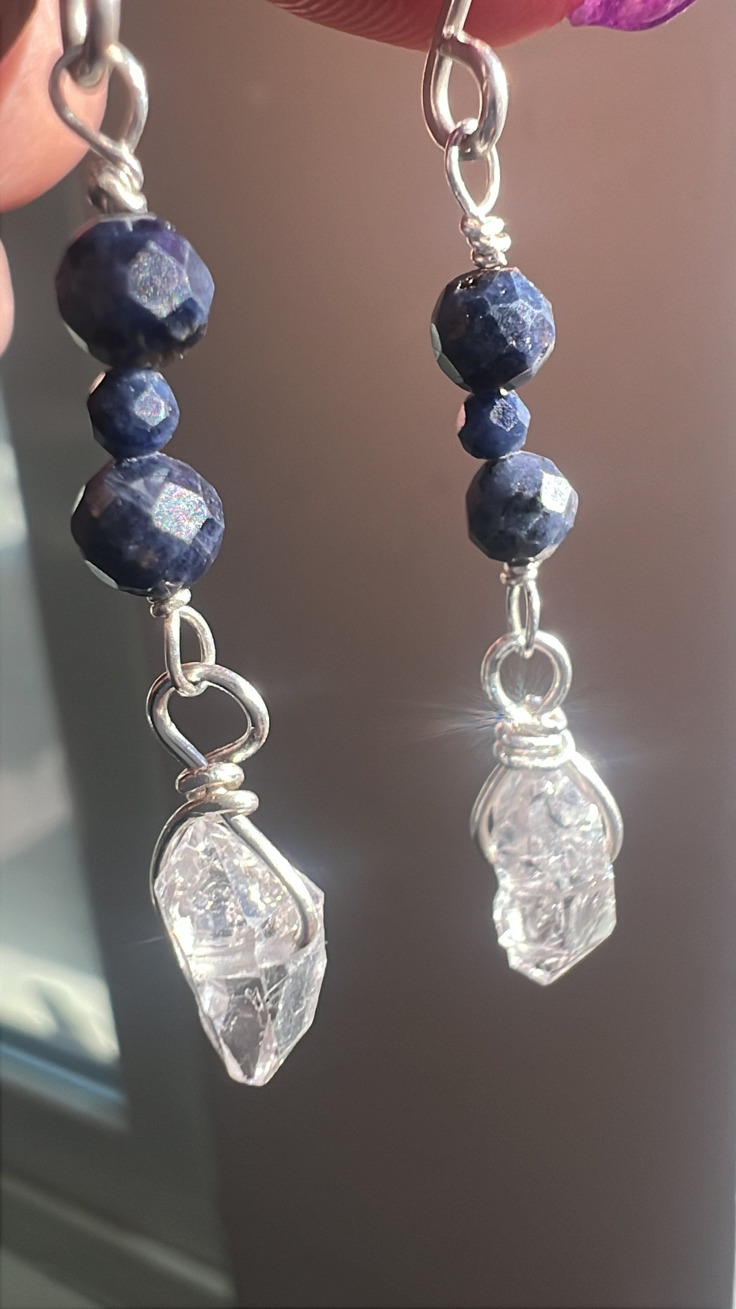 Sterling Silver Sapphire and Herkimer Dangle