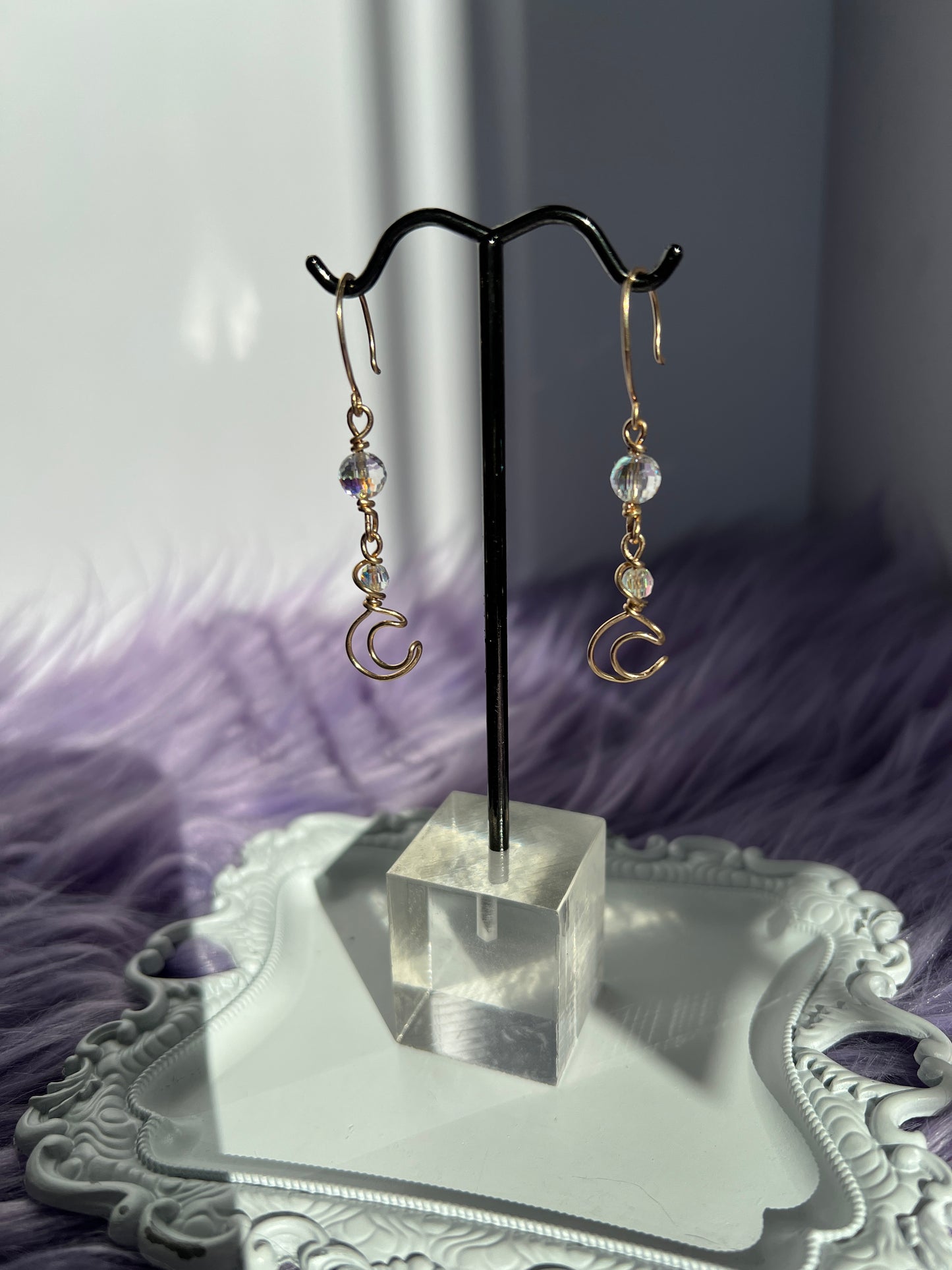 14k Gold-Filled Crescent Moon Earrings with Aura Swarovski Crystal Beads