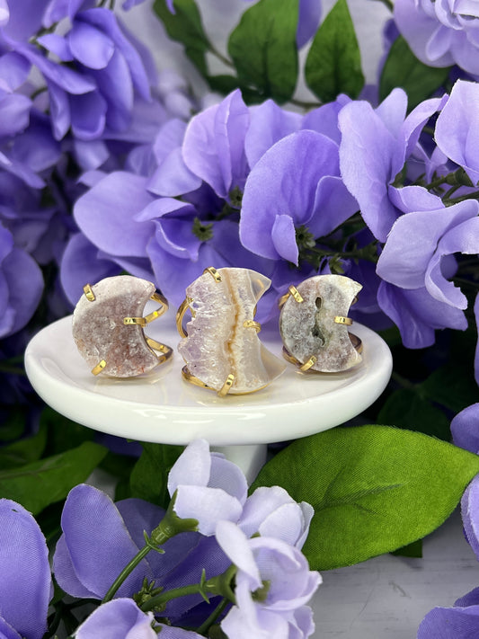 Druzy Pink Amethyst Moon Rings