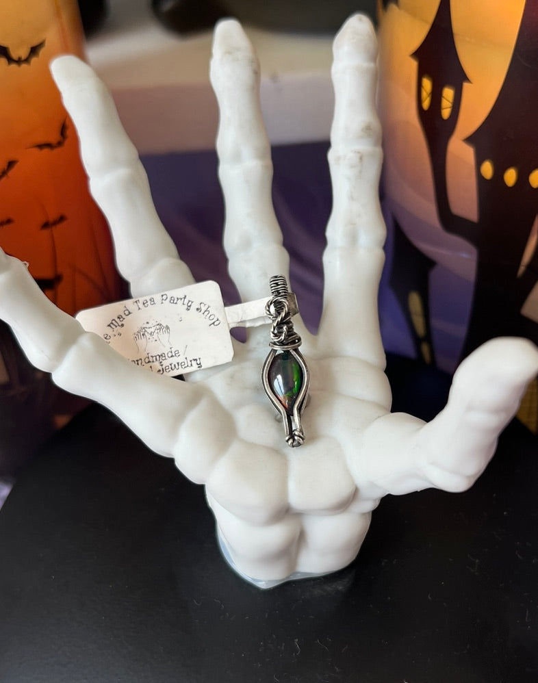 Handmade smoked opal pendant with rainbow fire wrapped in oxidized silver – potion vial witchy necklace
