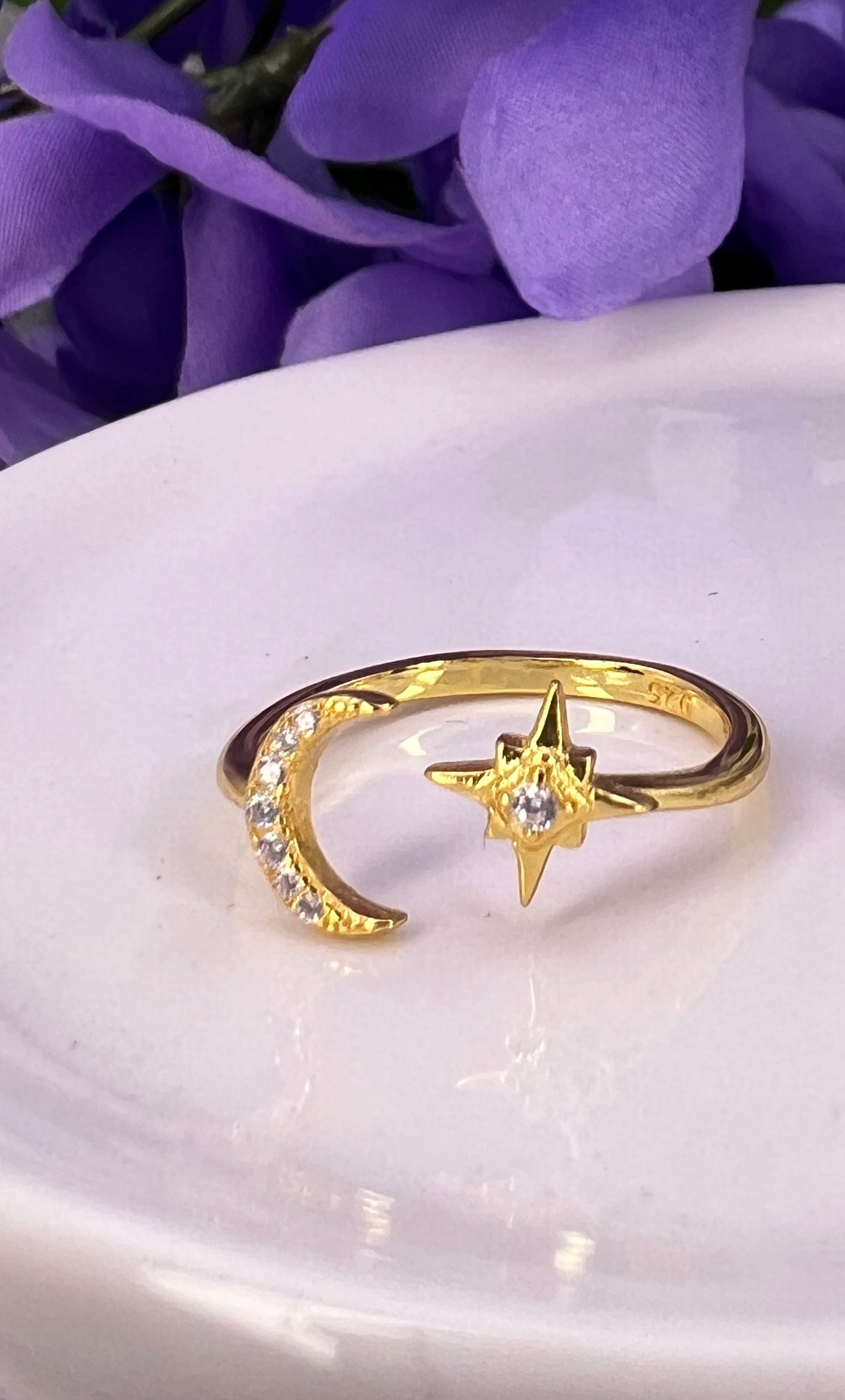 14K Gold-Plated Crescent Moon & Star CZ Ring – Celestial Sparkle & Cosmic Energy