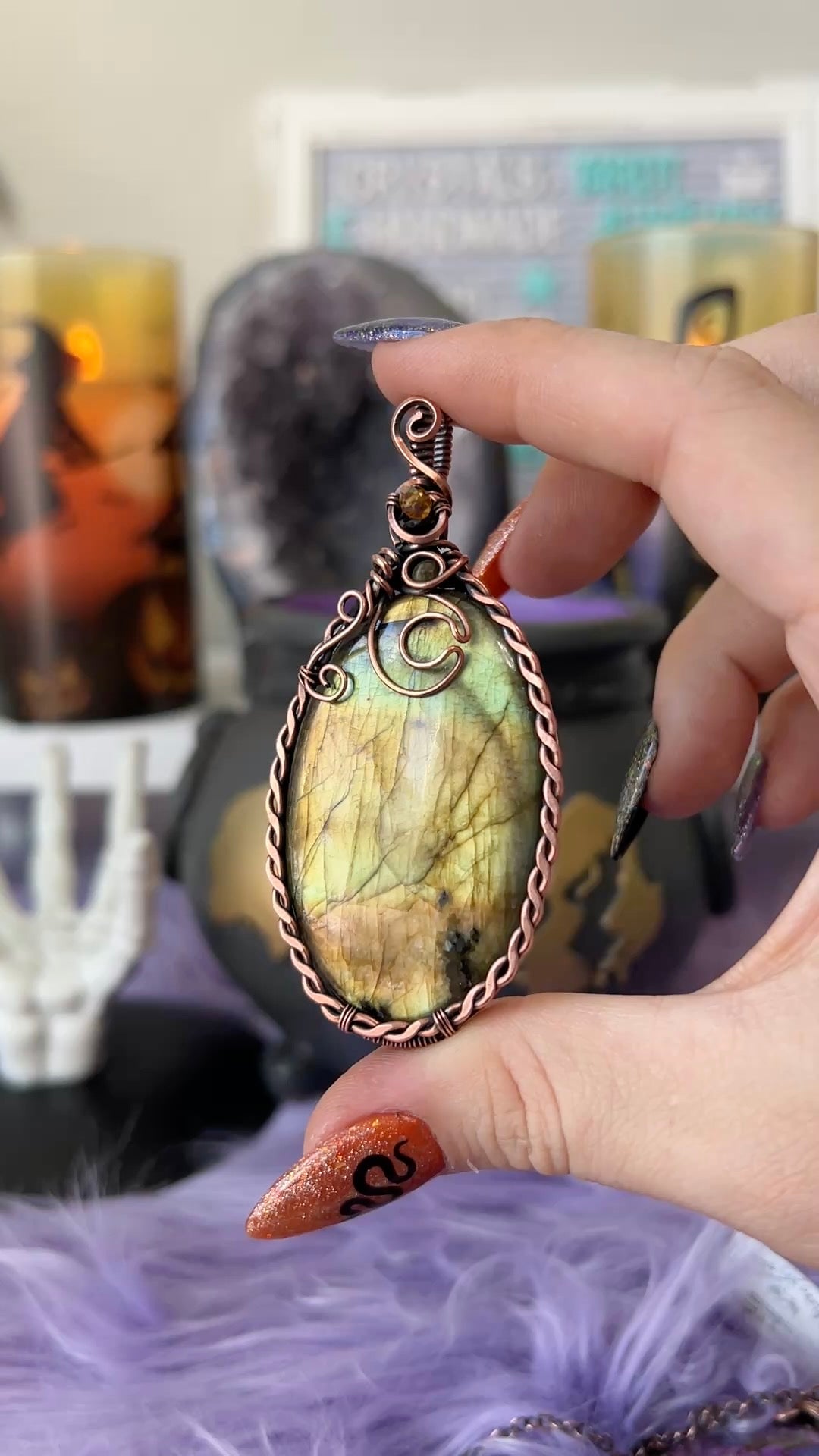 Handmade Labradorite pendant with golden green flash and hammered copper moon detail – witchy necklace