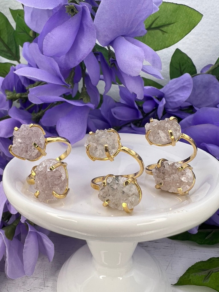 18K Gold-Plated Adjustable Raw Pink Amethyst Ring – The Stone of Divine Love & Intuition