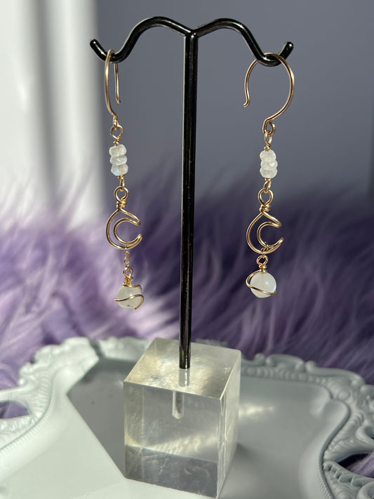 14k Gold-Filled Crescent Moon Earrings with Moonstone Faceted Beads & Moonstone Saturn