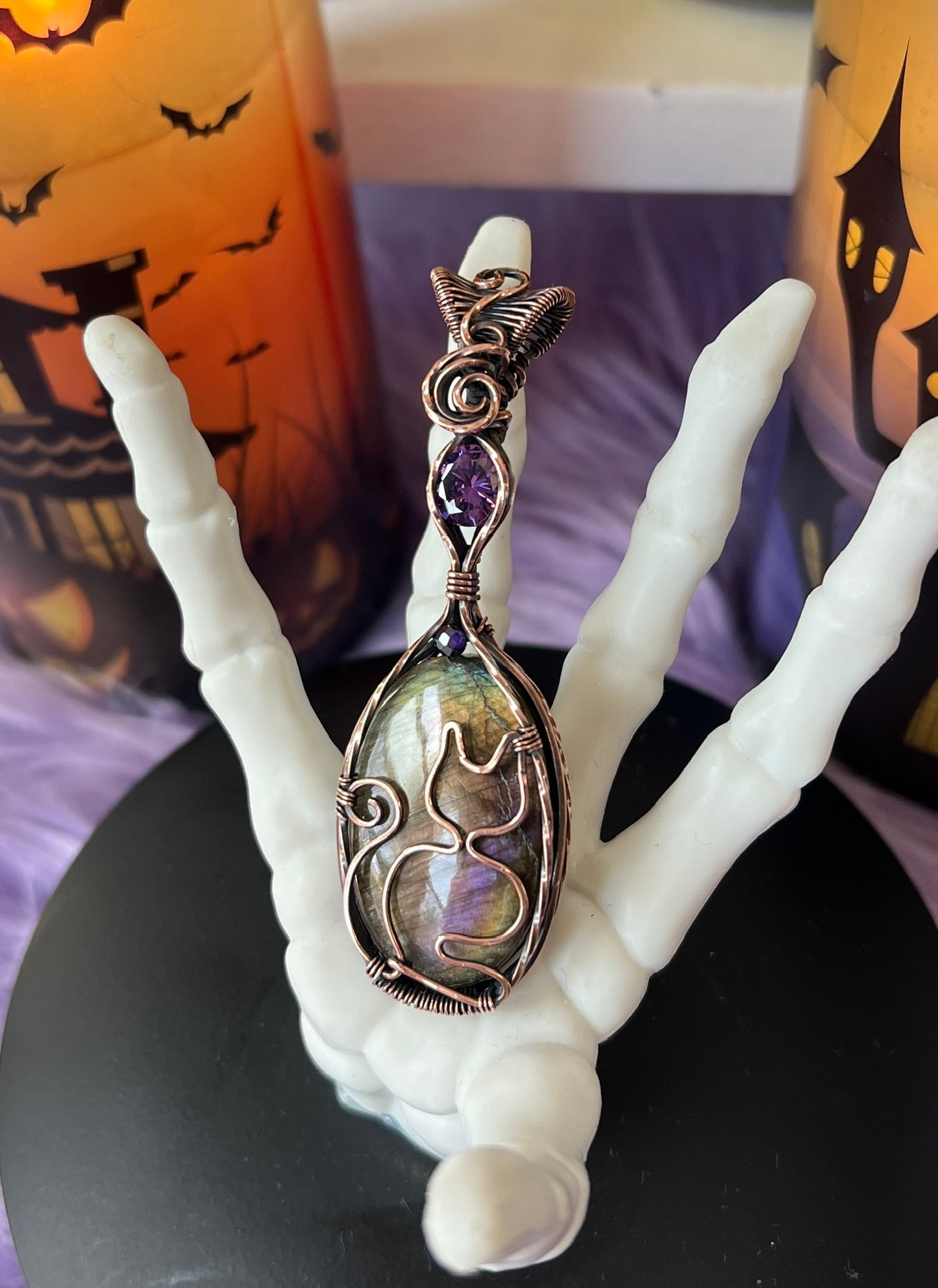 Labradorite Cat Familiar Pendant with Amethyst CZ & Copper | Witchy Necklace for Intuition & Protection