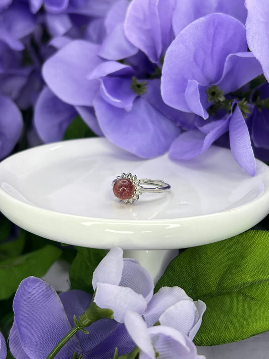 Strawberry Quartz Adjustable Ring – .925 Sterling Silver with CZ Accents