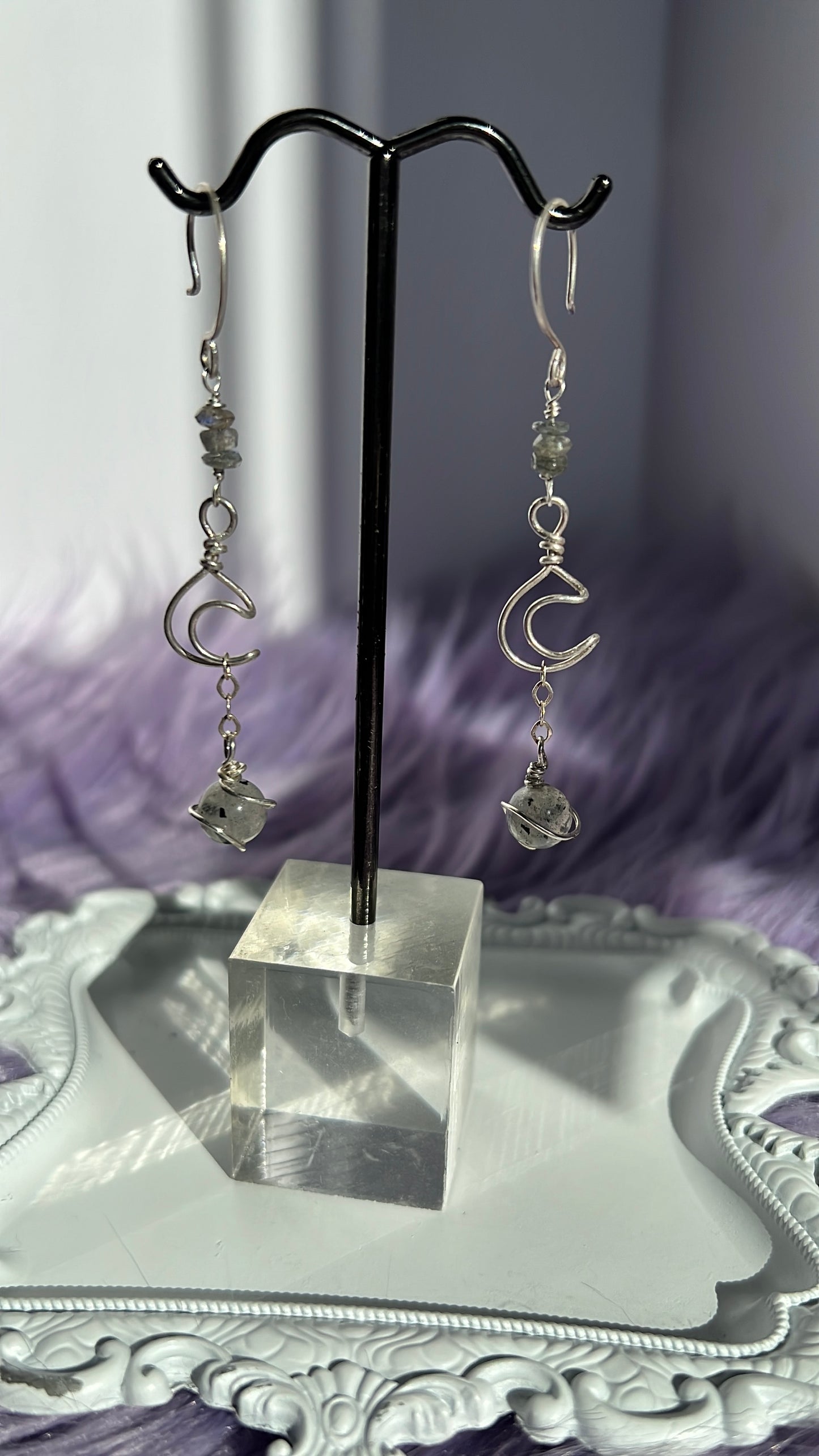 Sterling Silver Labradorite Saturn & Crescent Moon Earrings