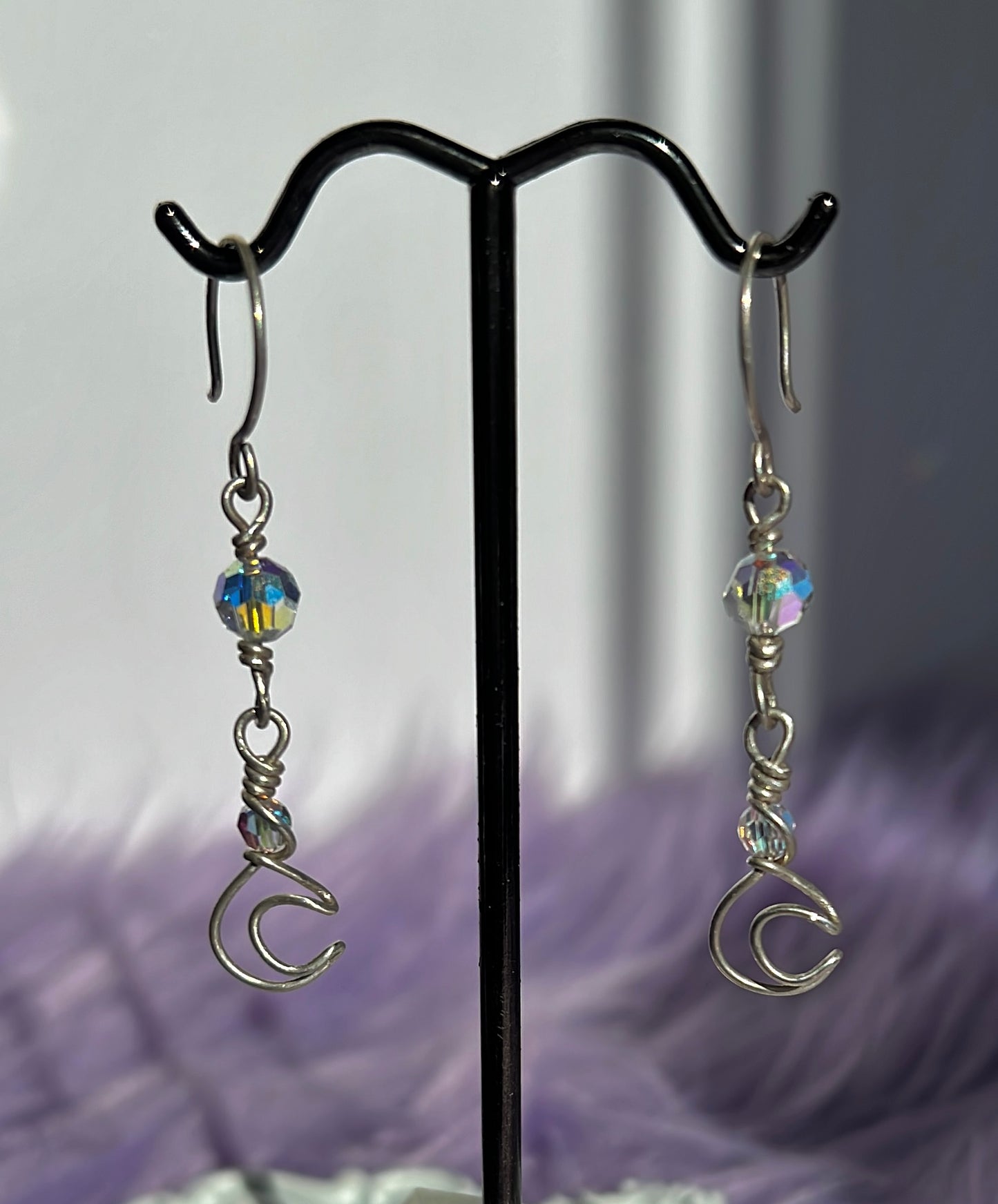 Sterling Silver Crescent Moon Earrings with Aura Swarovski Crystal Beads