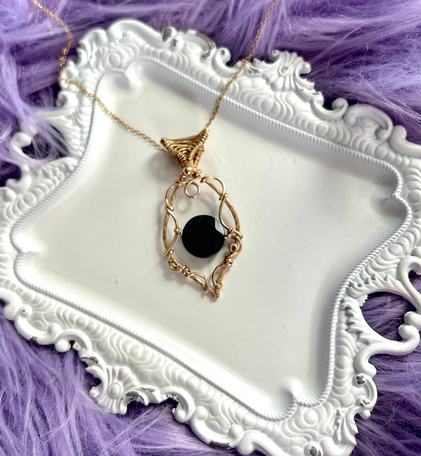 14k Gold-Filled Wire-Wrapped Vintage Pendant with Black Tourmaline – Swirled Hammered Frame