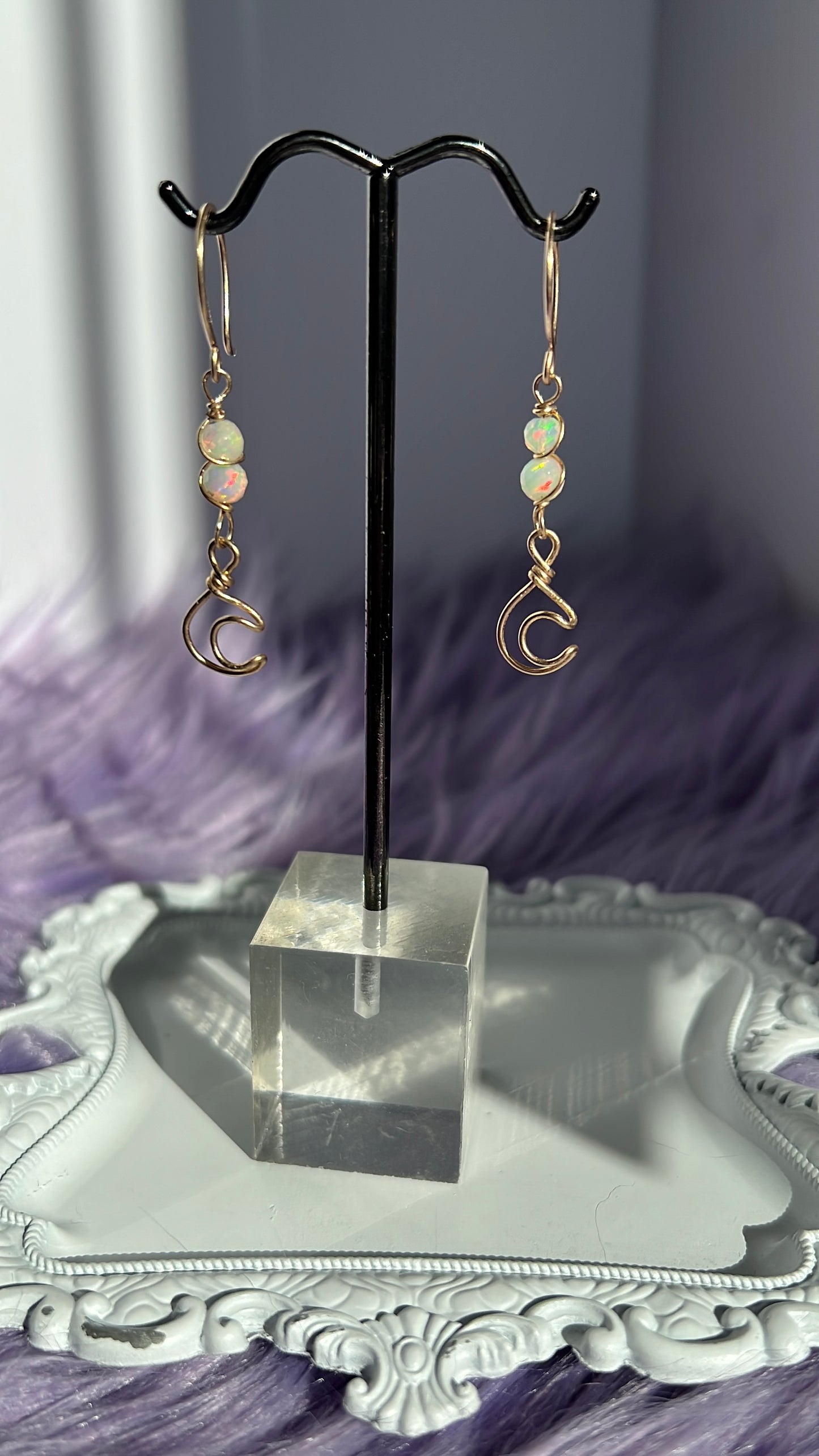 14k Gold-Filled Crescent Moon Earrings with Ethiopian Opal Beads