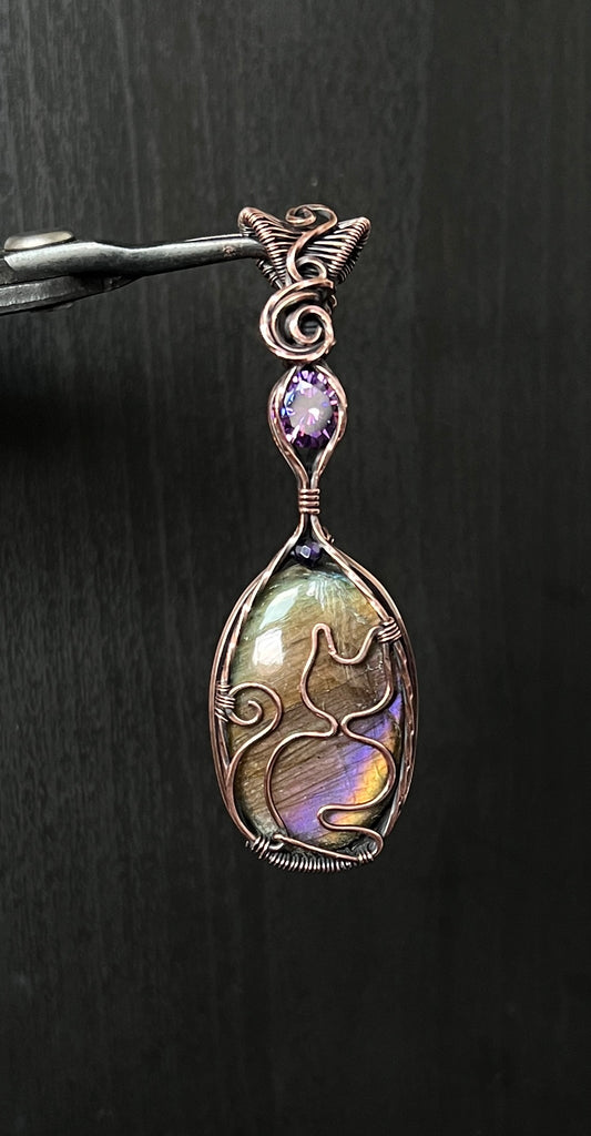 Labradorite Cat Familiar Pendant with Amethyst CZ & Copper | Witchy Necklace for Intuition & Protection