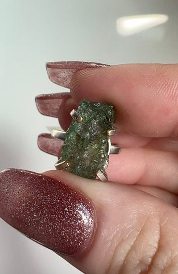 Raw Moldavite Adjustable Ring – Sterling Silver Cosmic Energy & Spiritual Awakening