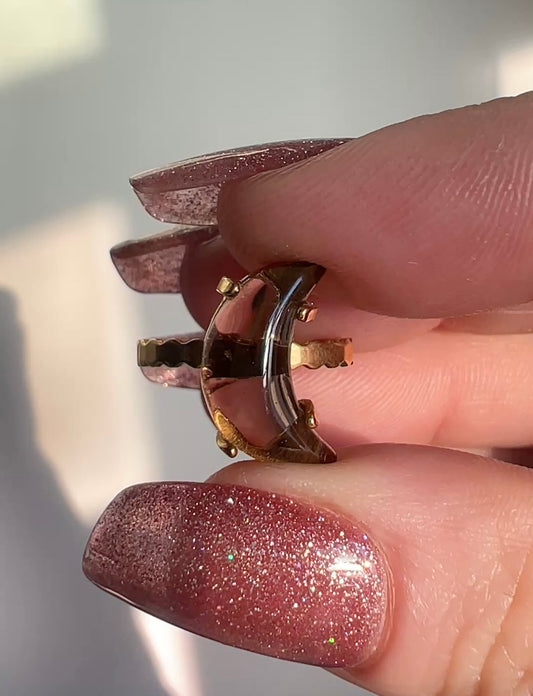 18K Gold-Plated Adjustable Crescent Moon Smoky Quartz Ring – Lunar Protection & Grounding Energy