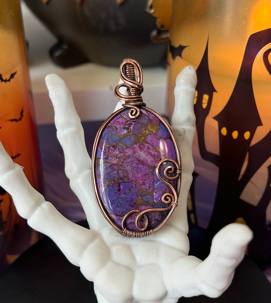 Handmade Purple Copper Turquoise pendant with copper veining, wrapped in copper wire – witchy necklace
