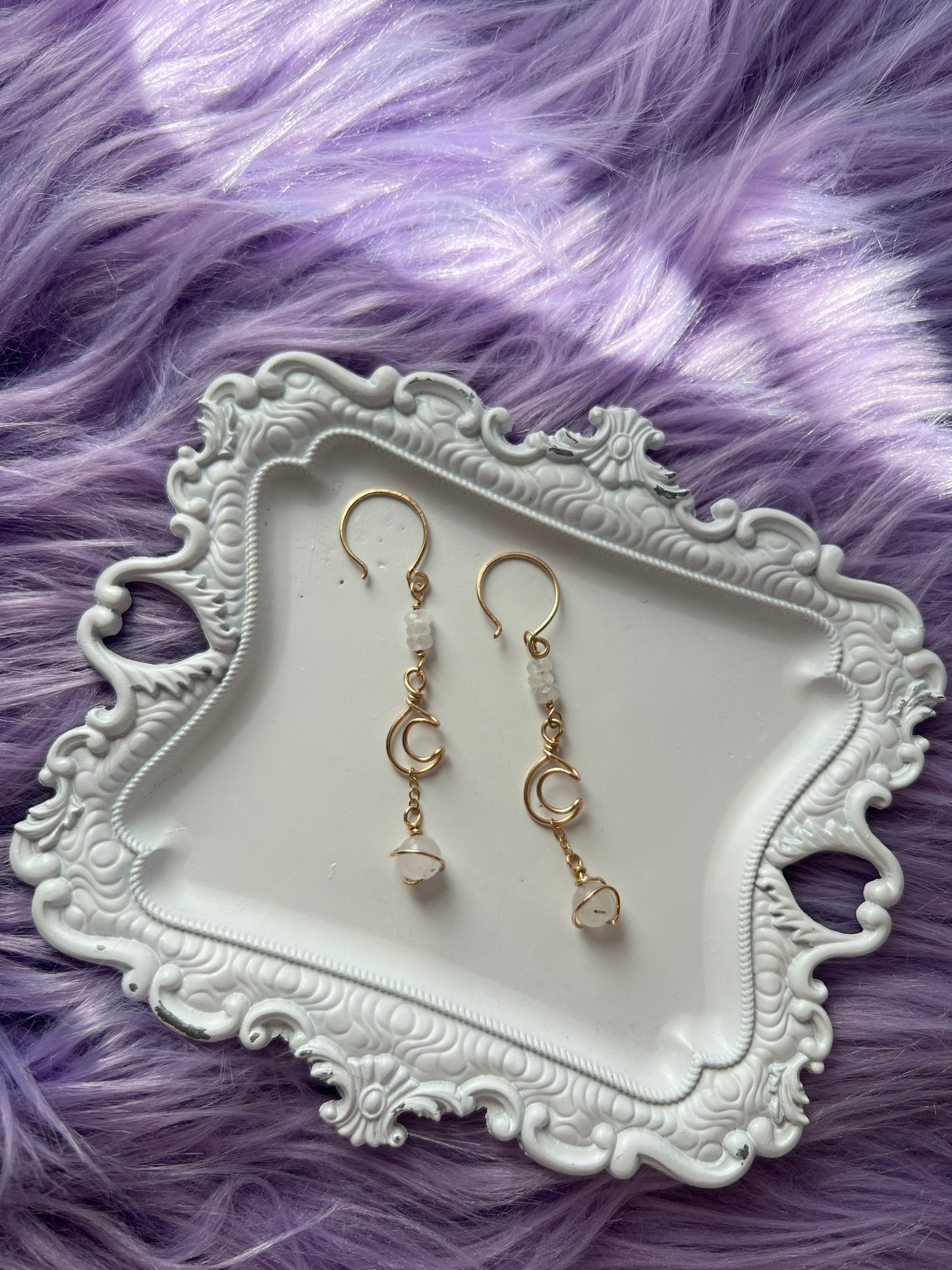 14k Gold-Filled Crescent Moon Earrings with Moonstone Faceted Beads & Moonstone Saturn