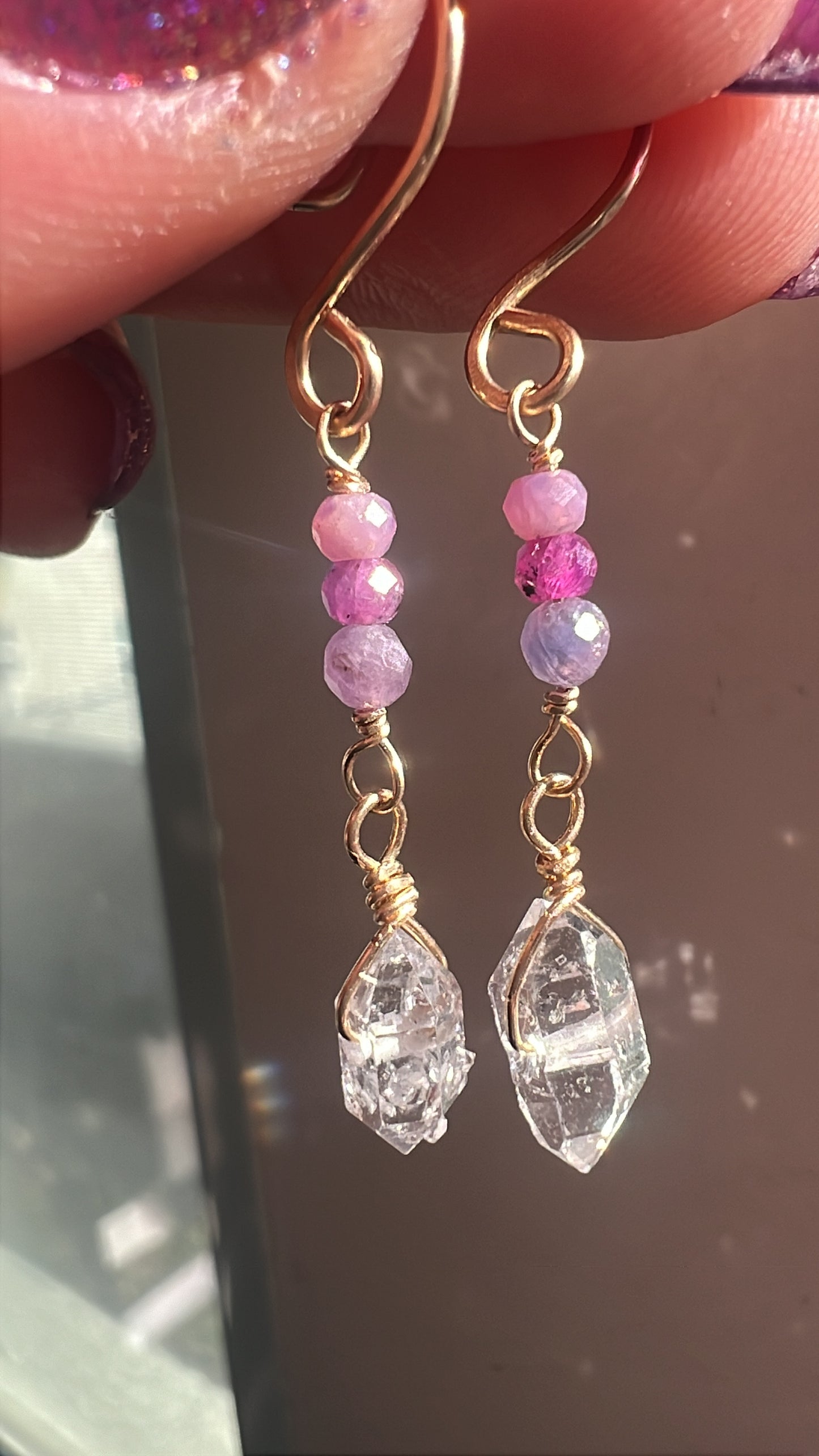 14k Gold fill Lavender Sapphire & Herkimer Diamond Dangle