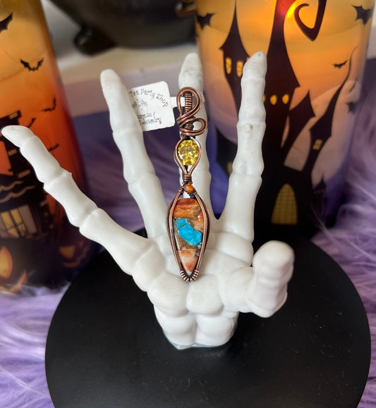 spiny oyster pendant, spiny oyster necklace, yellow cz pendant, orange cz pendant, copper wire wrapped pendant, witchy necklace, witchy jewelry, spooky season jewelry, mystical necklace, handmade witchy pendant, crystal necklace handmade, metaphysical jewelry, fall jewelry, halloween necklace
