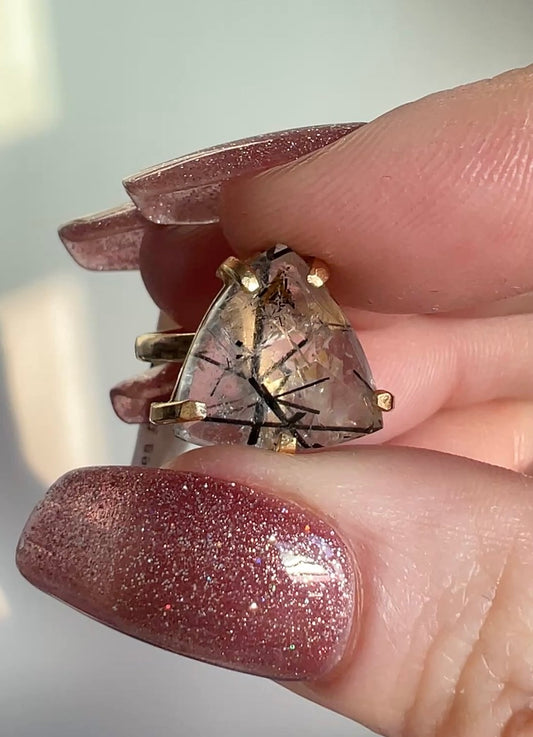 18K Gold-Plated Adjustable Black Rutilated Quartz Ring – Threads of Shadow & Light