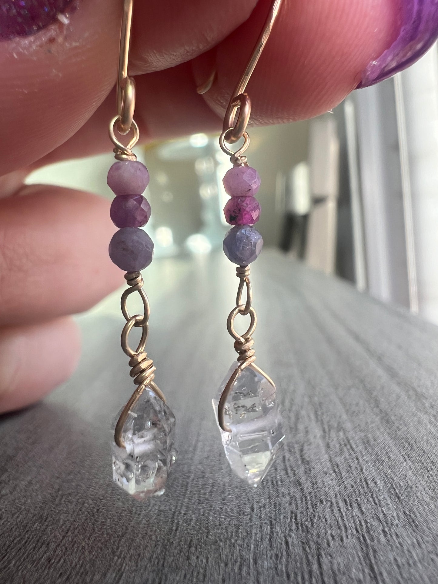 14k Gold fill Lavender Sapphire & Herkimer Diamond Dangle