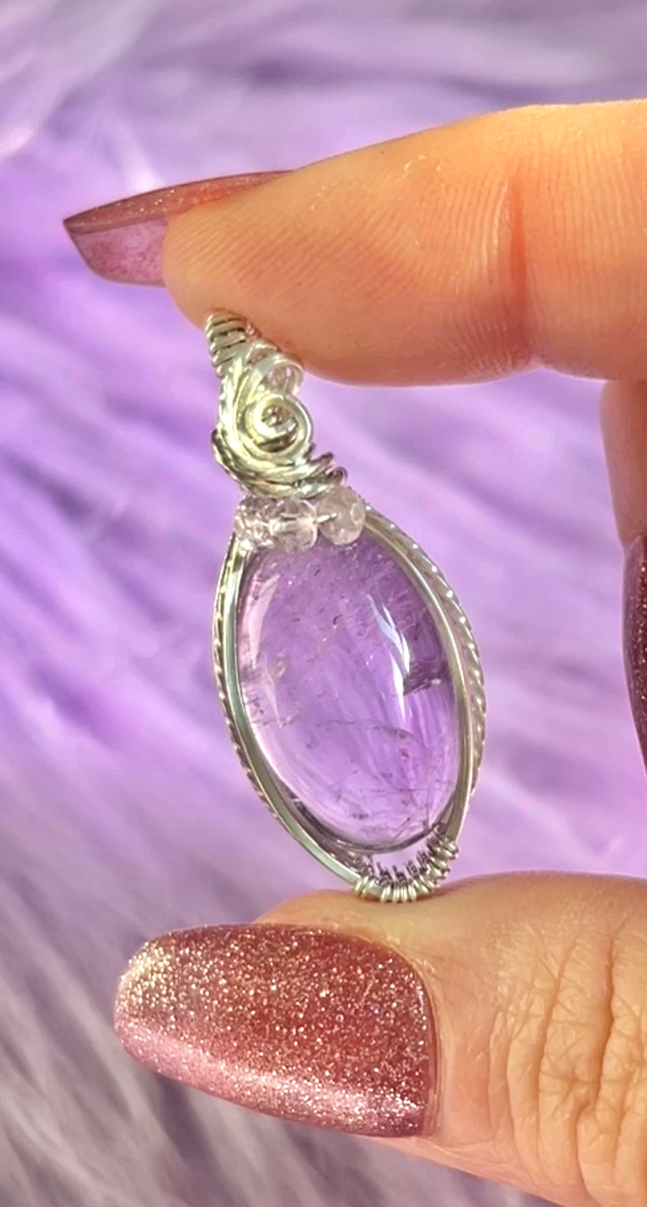 Sterling Silver Wire-Wrapped Amethyst Pendant with Light Amethyst Bead Accents