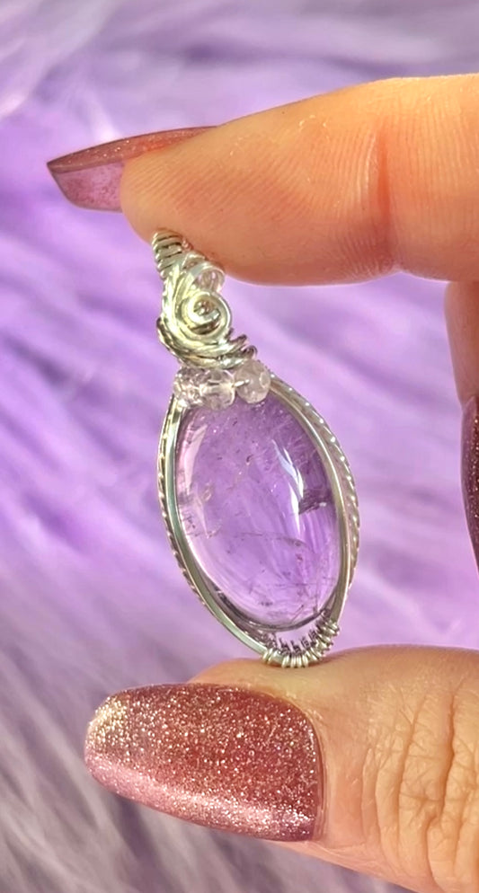 Sterling Silver Wire-Wrapped Amethyst Pendant with Light Amethyst Bead Accents