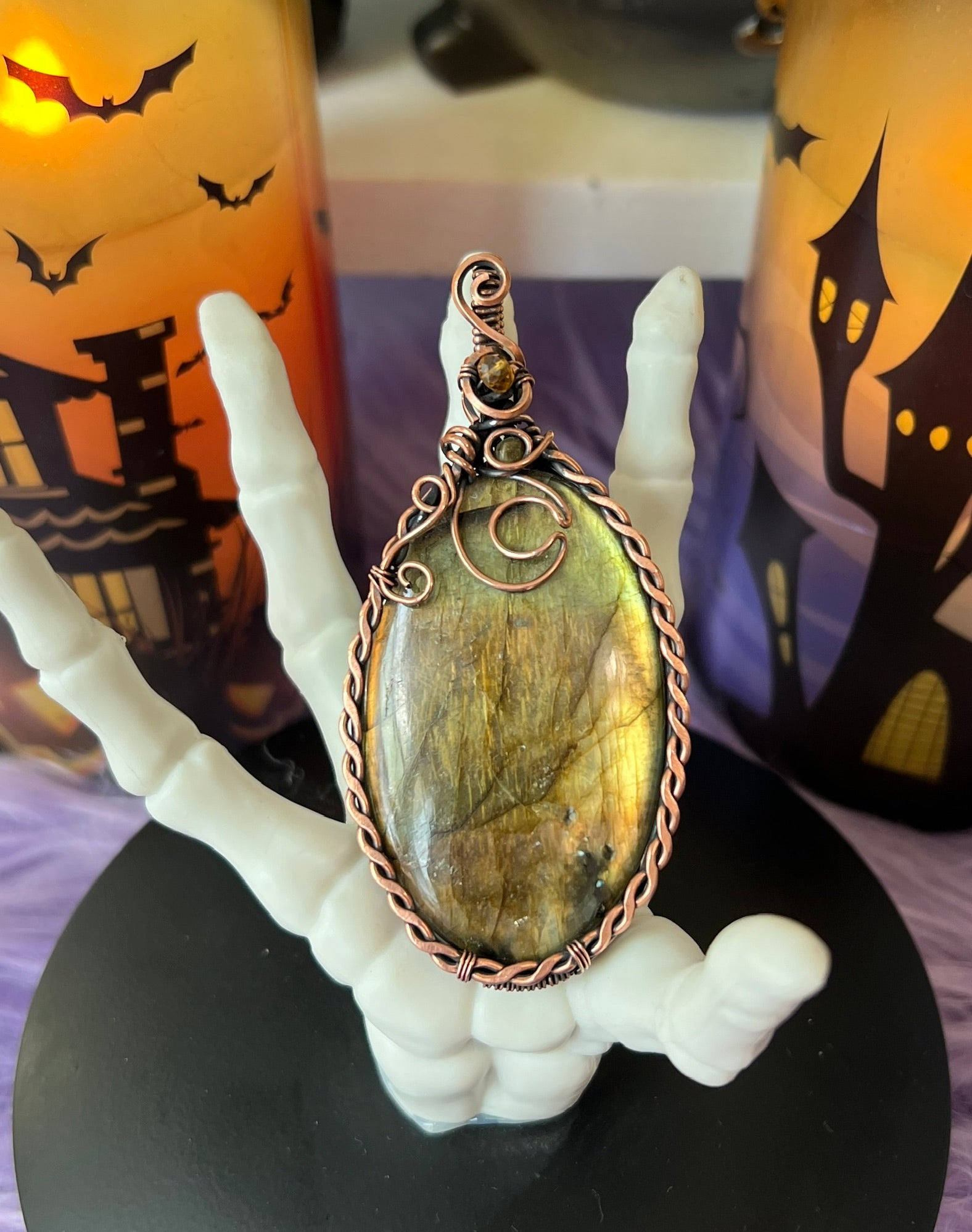 Handmade Labradorite pendant with golden green flash and hammered copper moon detail – witchy necklace
