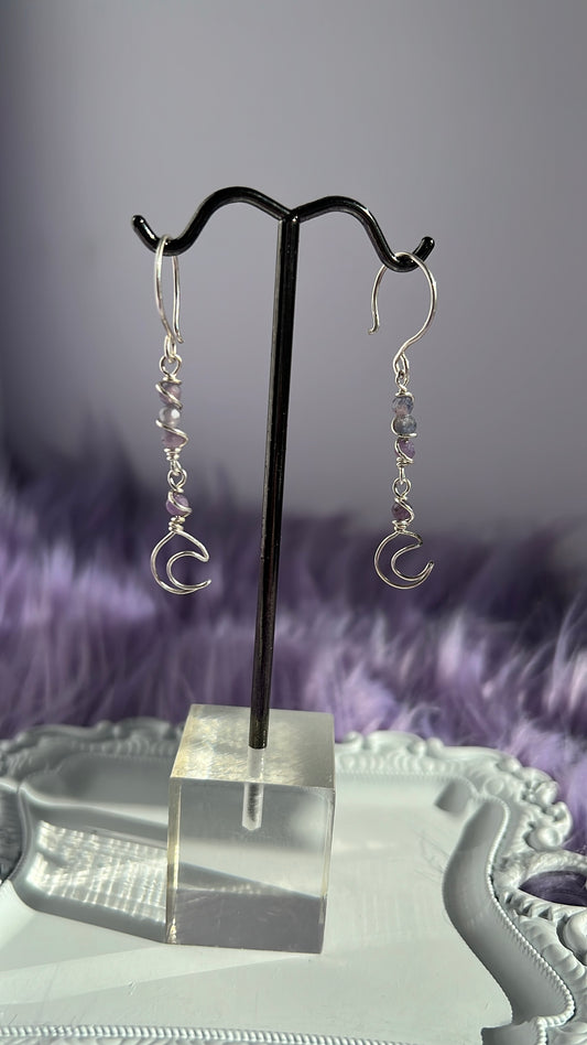 Sterling Silver Crescent Moon Earrings with Lavender Sapphire – Handmade Lunar Elegance