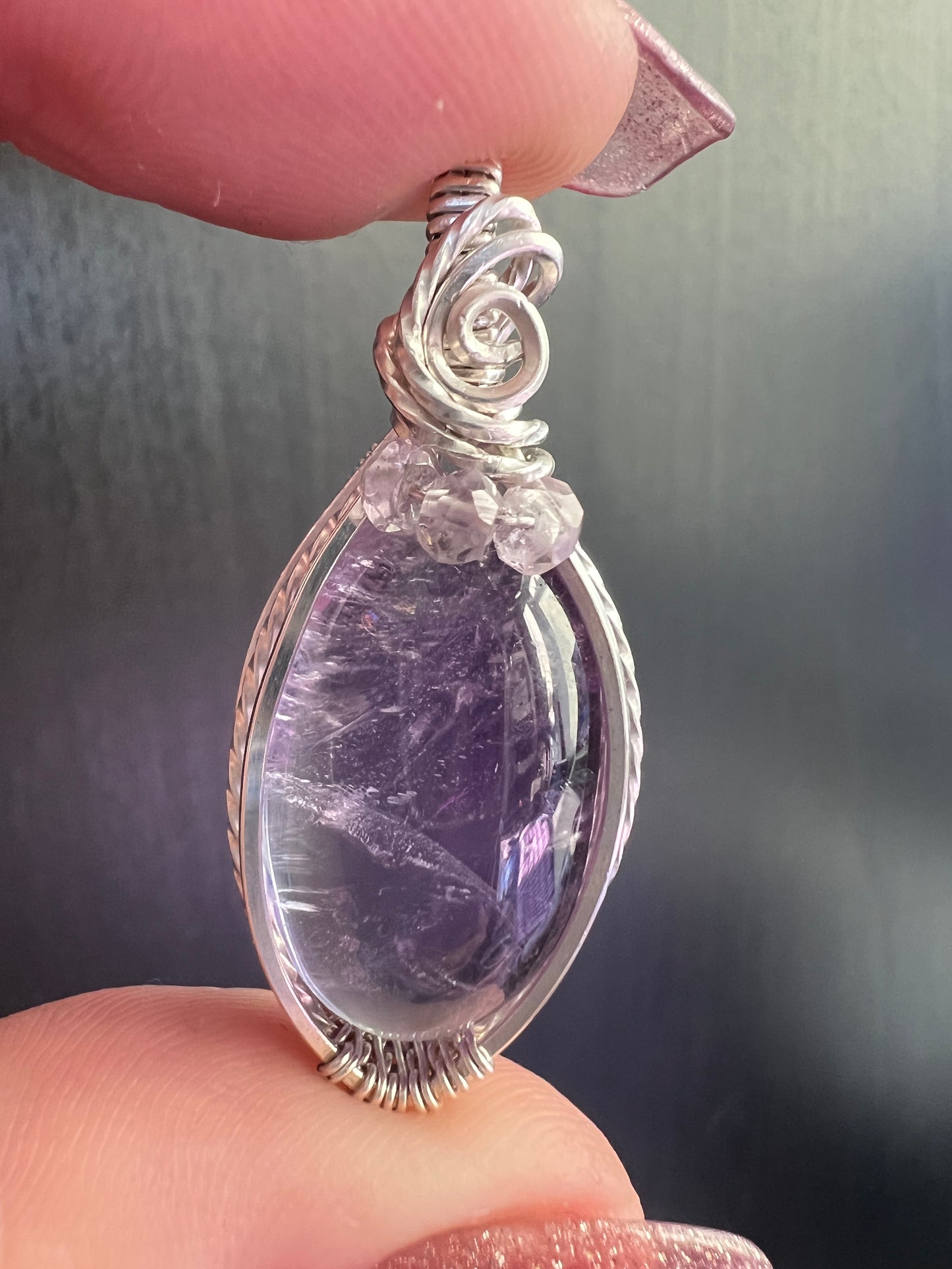 Sterling Silver Wire-Wrapped Amethyst Pendant with Light Amethyst Bead Accents