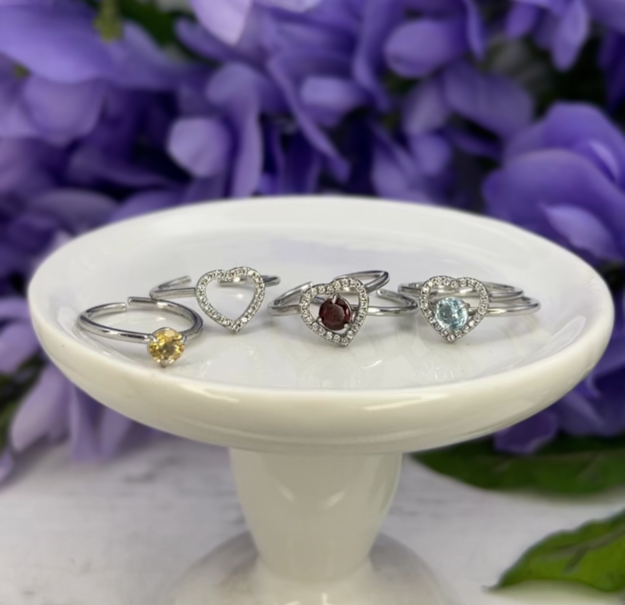 Adjustable Heart-Shaped Gemstone Ring Set in .925 Sterling Silver (2-Piece Set)